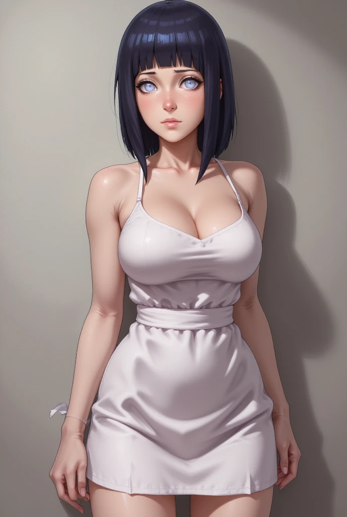 (masterpiece, best quality, cinematic, photorealistic, ultra-detailed), 1girl, (medium shot:1.5), (Hinata Hyūga of Naruto Shippuden), (has dark blue hair in a hime-cut that reaches her lower back and the framing strands reach shoulder-length), perfect hands, perfect face, (bursting breasts, large cleavage:1.4), (wears a form-fitting light lavender, sleeveless kimono-style blouse with vertical lines, tied with a dark purple obi), (wears short dark navy shorts), (wears a thigh-high stocking with black and open-toed boot), (seductive pose), (Byakugan eyes, pure white pupils, blushing, slightly parted lips, nude lips)