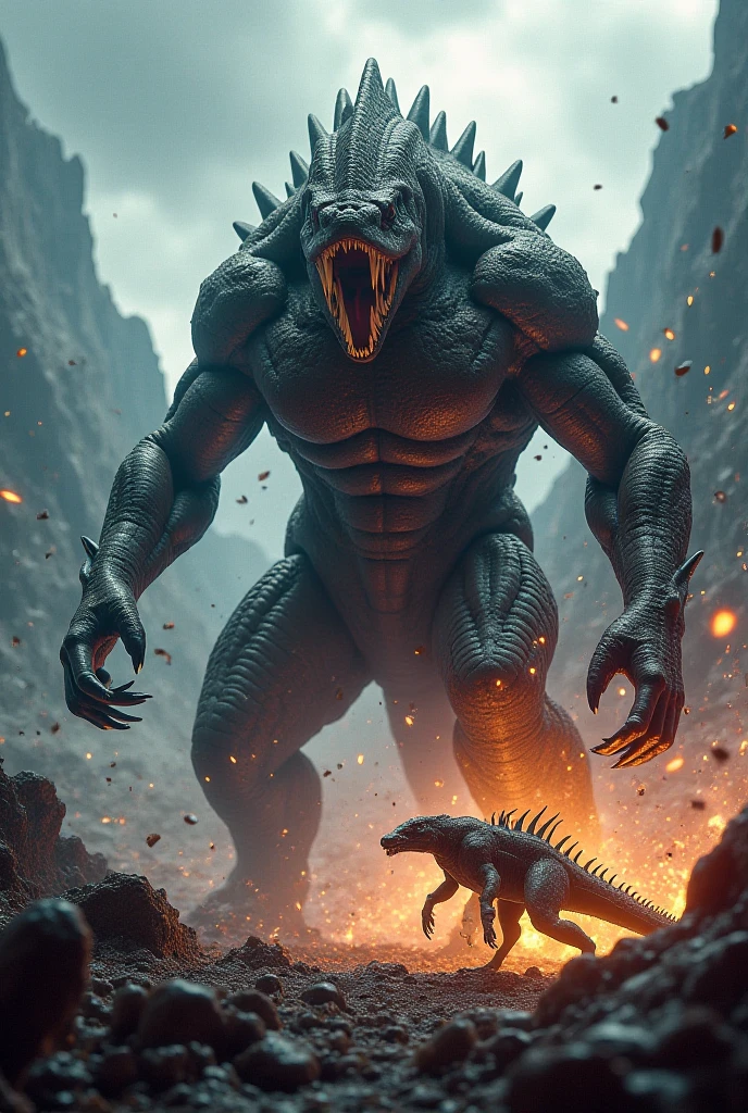 In a landscape ravaged by debris and fire, Godzilla, the gigantic irradiated creature, advances with heavy steps, each one causing the ground to shake. Its deafening roar echoes, announcing its fury as it launches a blast of atomic fire from its mouth. Hitler, in a sinisterly grotesque form, with supernatural powers acquired through nefarious means, faces the beast with a look of fervent hatred. He raises his hand, launching a dark energy spell that hits Godzilla, but the monster only becomes more angry, advancing with sharp claws and a devastating tail. The battle between the human tyrant and the colossal beast is a dance of pure destruction, an epic clash of malevolent forces in a struggle for apocalyptic supremacy.