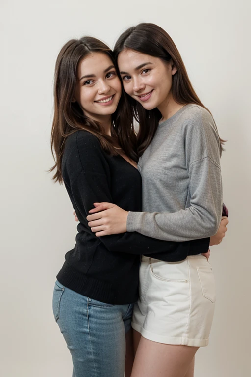 Two young women hugging affectionately, dark background, full body, redhead and brunette