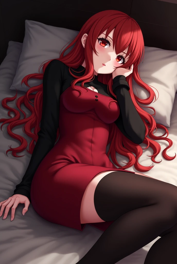 anime - style image of a woman in a latex outfit laying on a couch, seductive anime girl, smooth anime cg art, anime moe artstyle, anime girl wearing a black dress, ecchi anime style, attractive anime girl, (anime girl), small curvy loli, beautiful alluring anime woman, relaxed pose, [ 4 k digital art ]!!, red hair