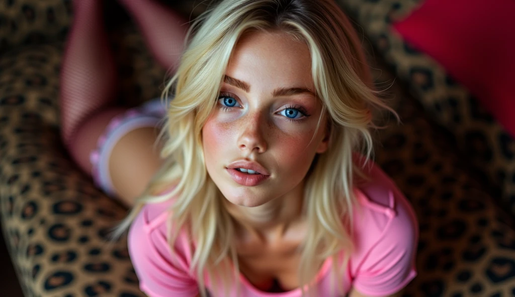 beautiful portrait of a top model, 25 years old, full naked, norwegian, (((blonde hair))), clear and intense blue eyes, medium chest, at night, in the bed, (((wearing pink pajamas))), showing vagina, (((ultrarealistic))), flirting with camera, high resolution, best quality, intricate details, highly detailed, very sharp focus, detailed skin, realistic skin texture, texture, detailed eyes, professional, 4k