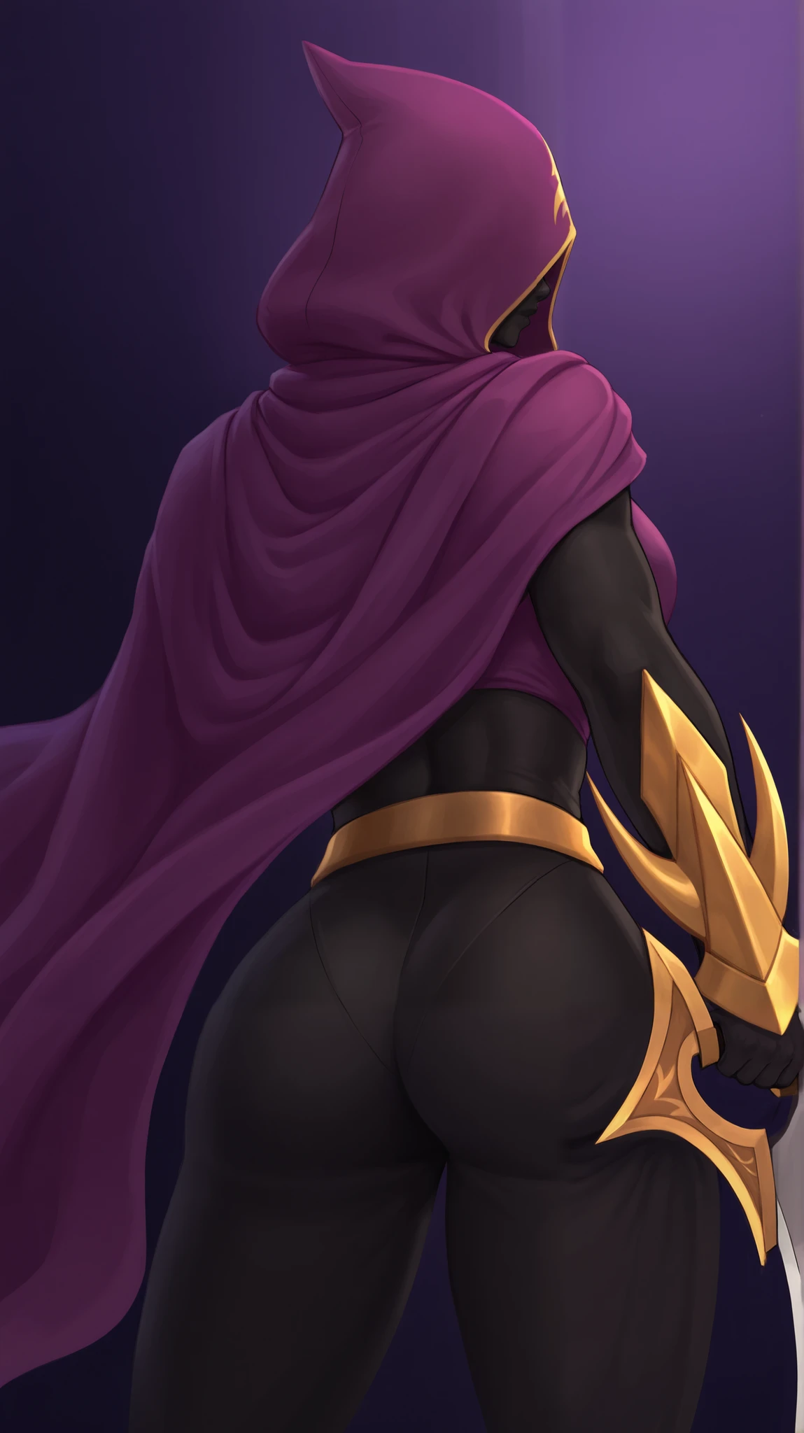 A legendary assassin, face hidden behind a deep purple hood, wielding twin golden daggers that shimmer under the moonlight