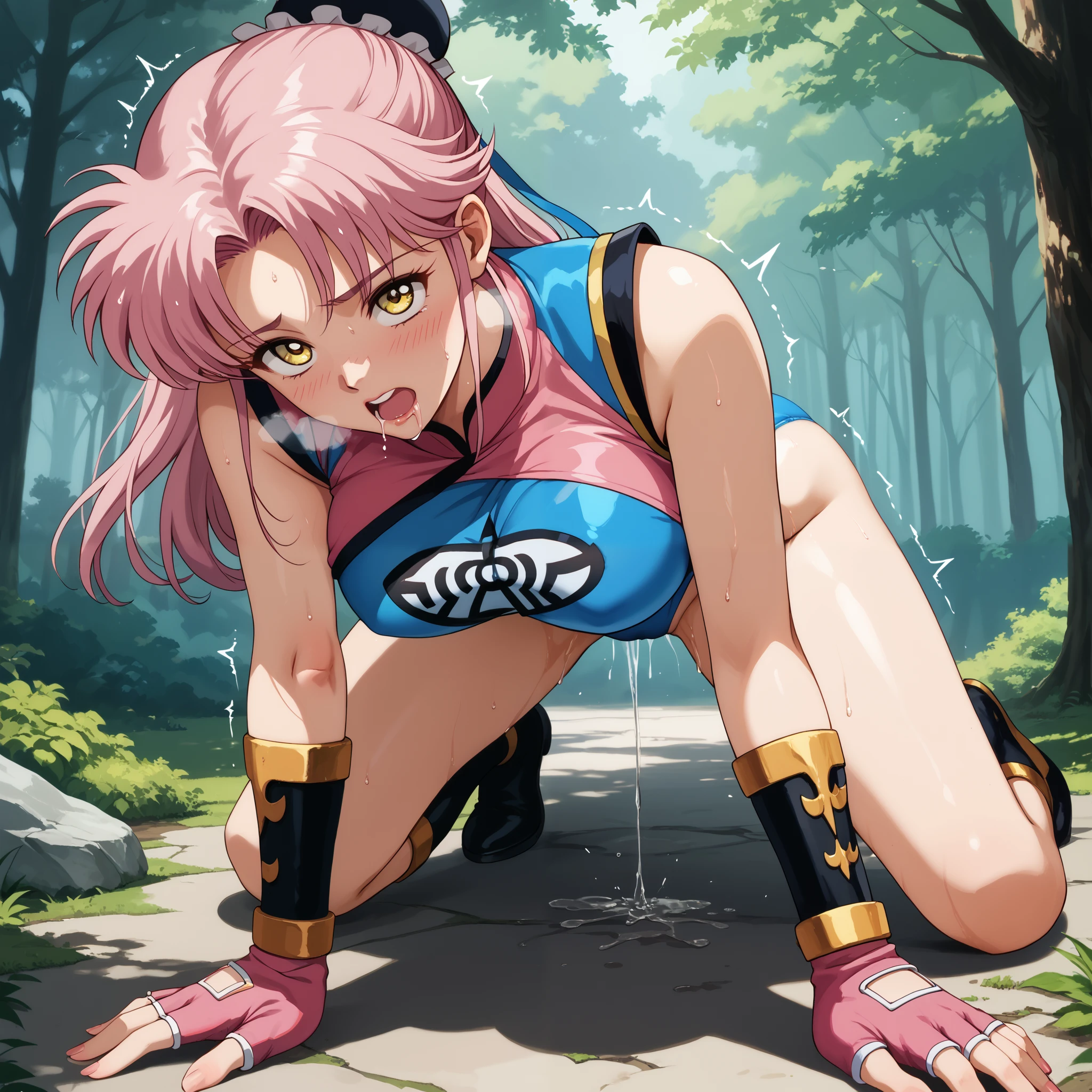 score_9, score_8_up, score_7_up,retro artstyle, 1980s style,dai no daibouken,Anime Coloring,Masterpiece,high quality,high image quality,pretty finger,detailed face,BREAK,(nsfw:1.3),1girl,solo,martialMaam, (blue leotard in skirt), large breasts, fingerless gloves, pink gloves, fingerless gloves, pink gloves, chinese clothes, pink dress, ribbon, pink hair, yellow eyes, parted bang, bun cover,BREAK,all fours,leaning back,female masturbation,BREAK,orgasm,fucked silly,aroused,blush,breath,drooling,sweat,(in heat:1.5),pussy juice,(trembling:1.3),BREAK,outdoor,forest,looking viewer,full body,(from behind:1.3),focus hip