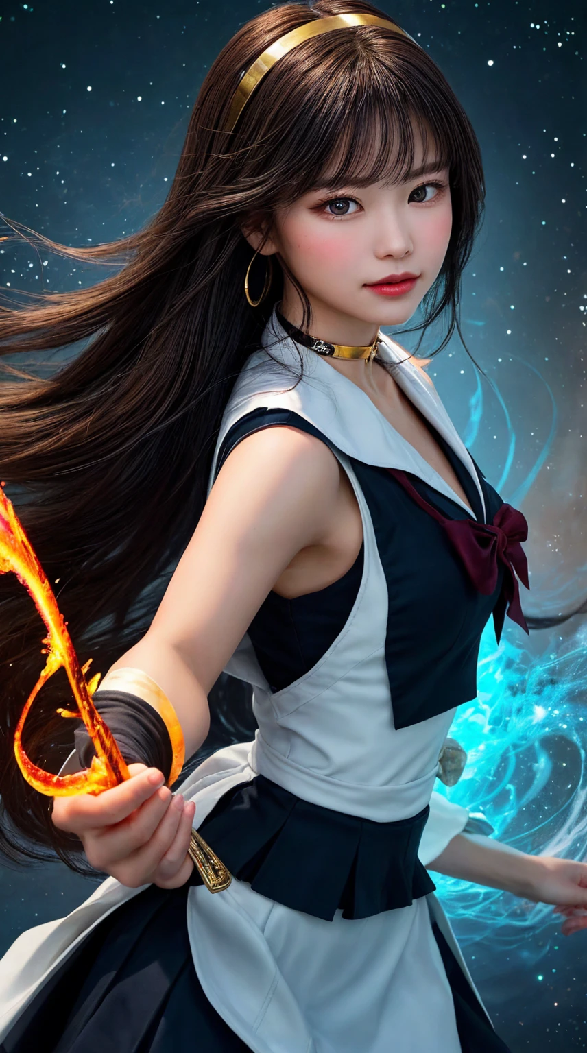 a woman in a red dress is flying through a spiral, ikki tousen, attractive matoi ryuko, gapmoe yandere, anime style like fate/stay night, yandere, rumiko, high quality anime artstyle, appears as the fire goddess, fire!! full body, made with anime painter studio, anime moe artstyle, black - haired mage,, fire wizard, fire sorcerers, sailor mars, sailir moon, sailirmars, rei hino, big boobs, gigantic boobs, busty, cleavage, show cleavage, skimpy dress, skimpy skirt, revealing clothes, smooth legs, long legs, slim body, good proportion body, sexy body, correctly rendered finger, correctly rendered limb, match body proportion, perfect body proportion, Realism, Hyperrealism, masterpiece, anatomically correct, firr and space combination background, fire spell background, planet mars background, mars, super detail, high details, high quality, award winning, best quality, highres, 16k