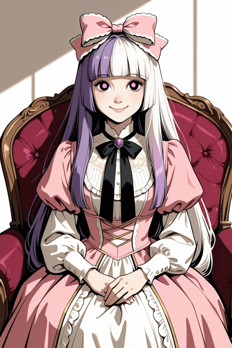 A pink haired woman with violet eyes with an hourglass figure in a Wednesday Addams outfit is sitting on a coffin in a funeral home