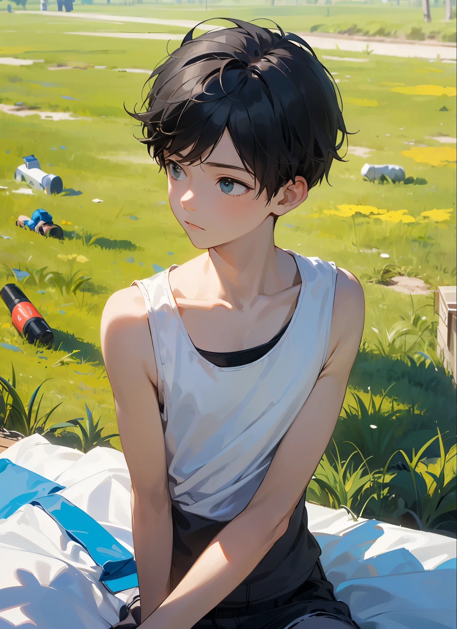 ((masterpiece)), (top quality), (1boy:1.2), alone, (8--old:), on the grass in the park, sitting, picnic, short hair, black hair, upper body, wearing white tank top, from the side, from above, expressionless, looking at me, cowboy shot,
