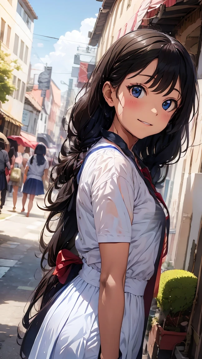 Very cute and beautiful girl,(very detailed beautiful face and eyes:1.2),
Smile,Black hair,Sailor School Uniform,(Navy blue pleated mini skirt),
(),(((project from the ground))),White silk panties,Beautiful legs,(Cowboy Shot),
(Best Quality,masutepiece:1.2),Intricate details,hight resolution,1 girl,Solo,