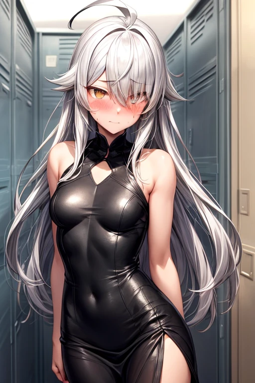 (score_9, score_8_up, score_7_up), 1girl, solo, sense \(sousou no frieren\), brown eyes, very long hair, absurdly long hair, hair between eyes, eyes visible through hair, small breasts, bunny suit, black leotard, strapless leotard, pantyhose, detached collar, black bunny ears, fake bunny ears, crossed arms, looking away, embarrassed, blush, pink lips, from below, on top of viewer, black background, simple background,