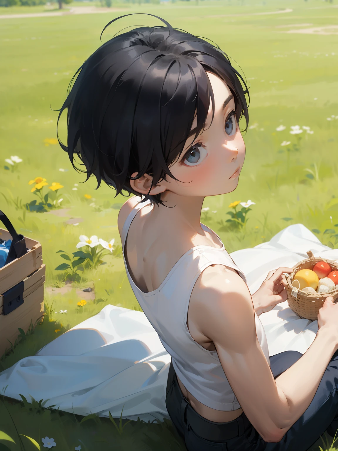 ((masterpiece)), (top quality), (1boy:1.2), alone, (8--old:), on the grass in the park, sitting, picnic, short hair, black hair, upper body, wearing white tank top, from the side, from above, expressionless, looking at me, cowboy shot,
