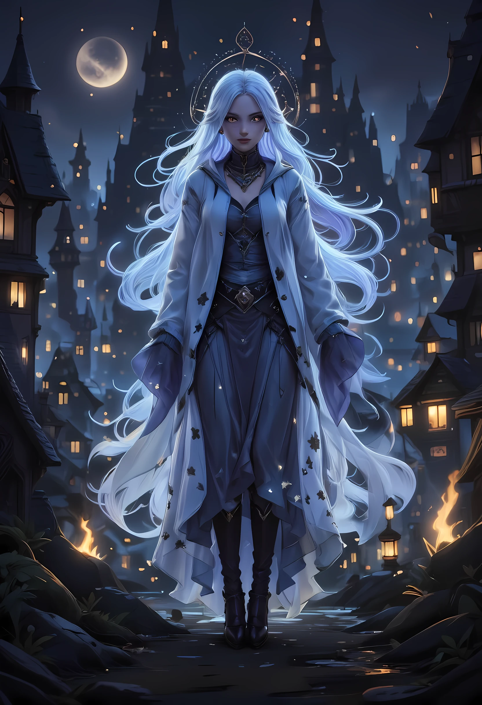 comic art, fantasy art, RPG art, ultra wide shot, a picture of a vampire princess walking in the big city, a beautiful  vampire princess, elegant vampire, glowing eyes, dynamic hair color, dynamic hair style, wearing transparent voile dress,  billowing in the wind, flowing white cloak, star motifs,  high heels,  standing in goth city at night, windy night, goth buildings, lit by torches, moon in the sky, 16k, [ultra detailed], masterpiece, best quality, (ultra detailed), full body, ultra wide shot, zavy-ctcmcs, invert color