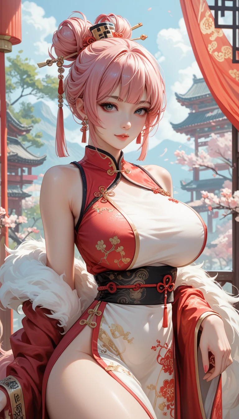 elegant photo, enticing shot of (young shrine maiden:1.1), sakura petals, (beautiful masterpiece, best quality, ultra-highres photo), unique angle, three-quarters body, taken with Sony A7, arms behind,
BREAK
(glimmering red hair, bobcut:1.15), (huge :1.2), vulnerable frown, slim sleek figure, thin waist, (radiant:1.1), realistic skin, visible pores, light_particles, vivid,
BREAK
(bright emerald eyes:1.2), glowing enchanted kimono, choker, hearts, off-shoulder, reflective silk kimono, (pink and green color palette:1.2),
BREAK
official photo, (professional photography, extremely intimate and sensual image:1.1), perfect shadows, outside, sensual, foggy mist, Buddha statue background, shinto theme,