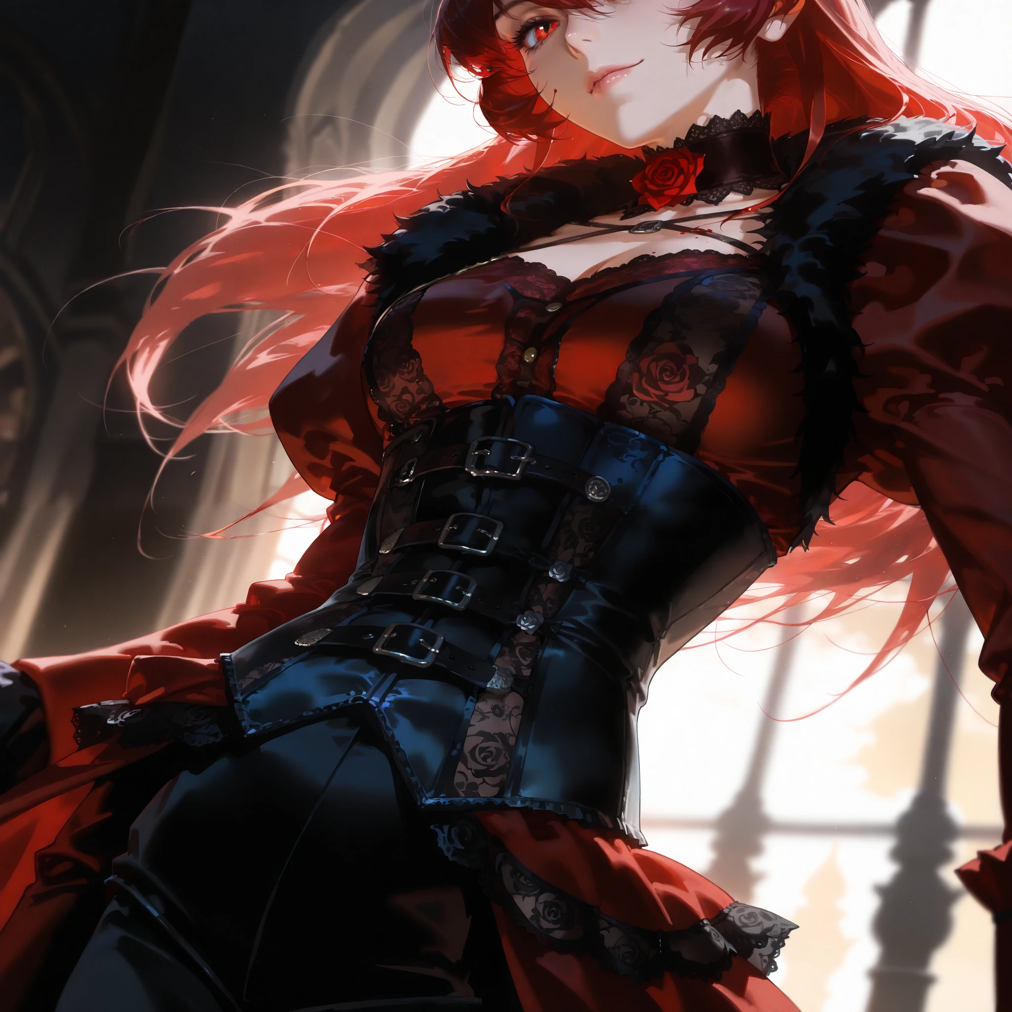 8k, best quality, masterpiece, highly detailed, semi realistic, a girl, young female, simple background, 20 years old, absurdly long red hair, hair between eyes, banks, blue eyes, medium breast, red lips, gorgeous clothes, corset, slim figure, cool expression, skinny pants, thigh high boots, singing,