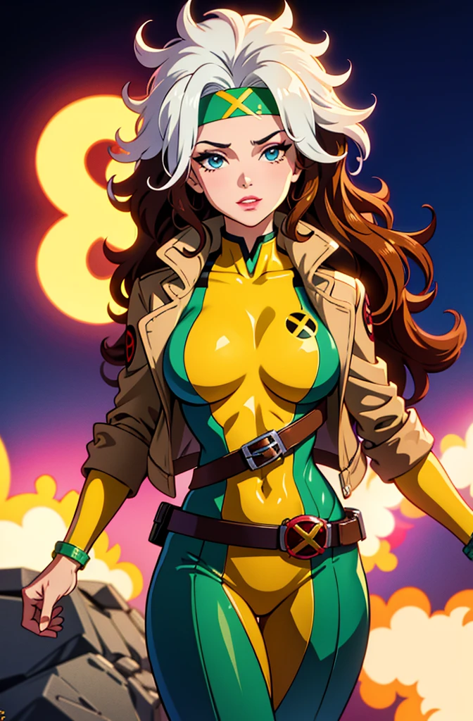 CARTOON_X_MENs_Rogue,ownwaifu, long hair,breasts,brown hair,green eyes,lipstick,makeup,lips,white hair,two-tone hair,headband,wavy hair,large breasts,messy hair,curly hair,big_hair, yellow bodysuit,jacket,gloves,belt,yellow gloves,green bodysuit,bodysuit,multicolored bodysuit,superhero, skin tight,multicolored clothes, 1girl, solo, looking at viewer,straight-on, upper body, official art, highres, scenery, (masterpiece:1.1), (best quality,:1.1), (high quality:1.1), (anime screencap:1.2), cameltoe, (very tigth clothes detailing breasts niples and shaved pussy):2, full body perspective view.