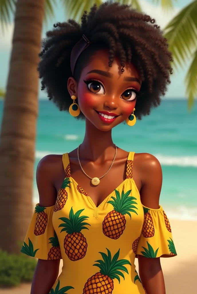 attractive african american woman with asian features, dark skin and nice face, short elegantly styled dark reddish brown hair and light brown eyes. wears a wine red two-piece swimsuit, black floral designs on top. complete 3D model. family friendly. she is on a beautiful beach at night