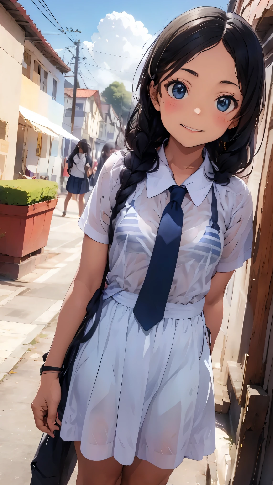 Panchira in a pure white dress、School girl with skirt rolled up、 strangely blue sky and white clouds
