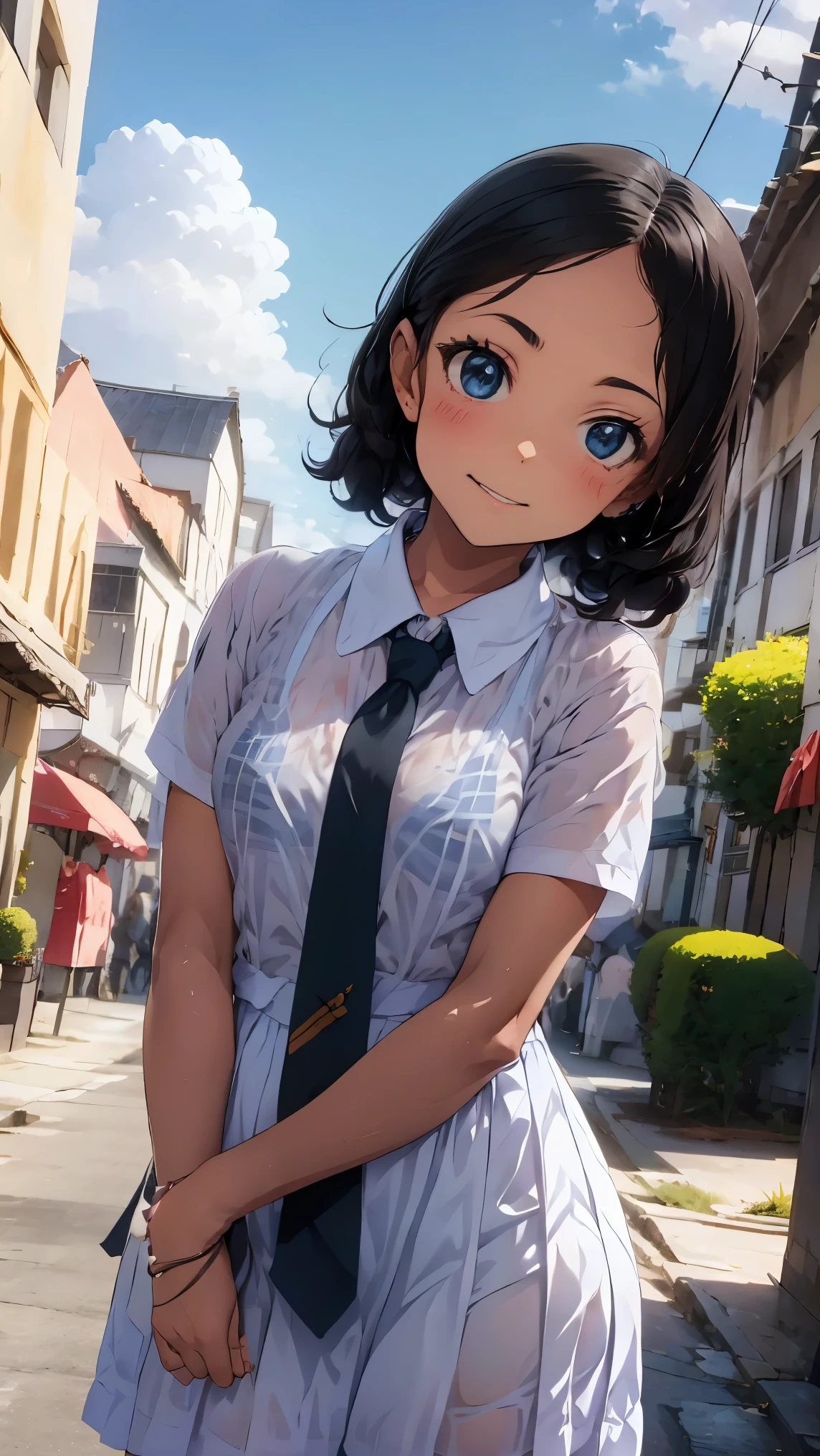 Panchira in a pure white dress、School girl with skirt rolled up、 strangely blue sky and white clouds