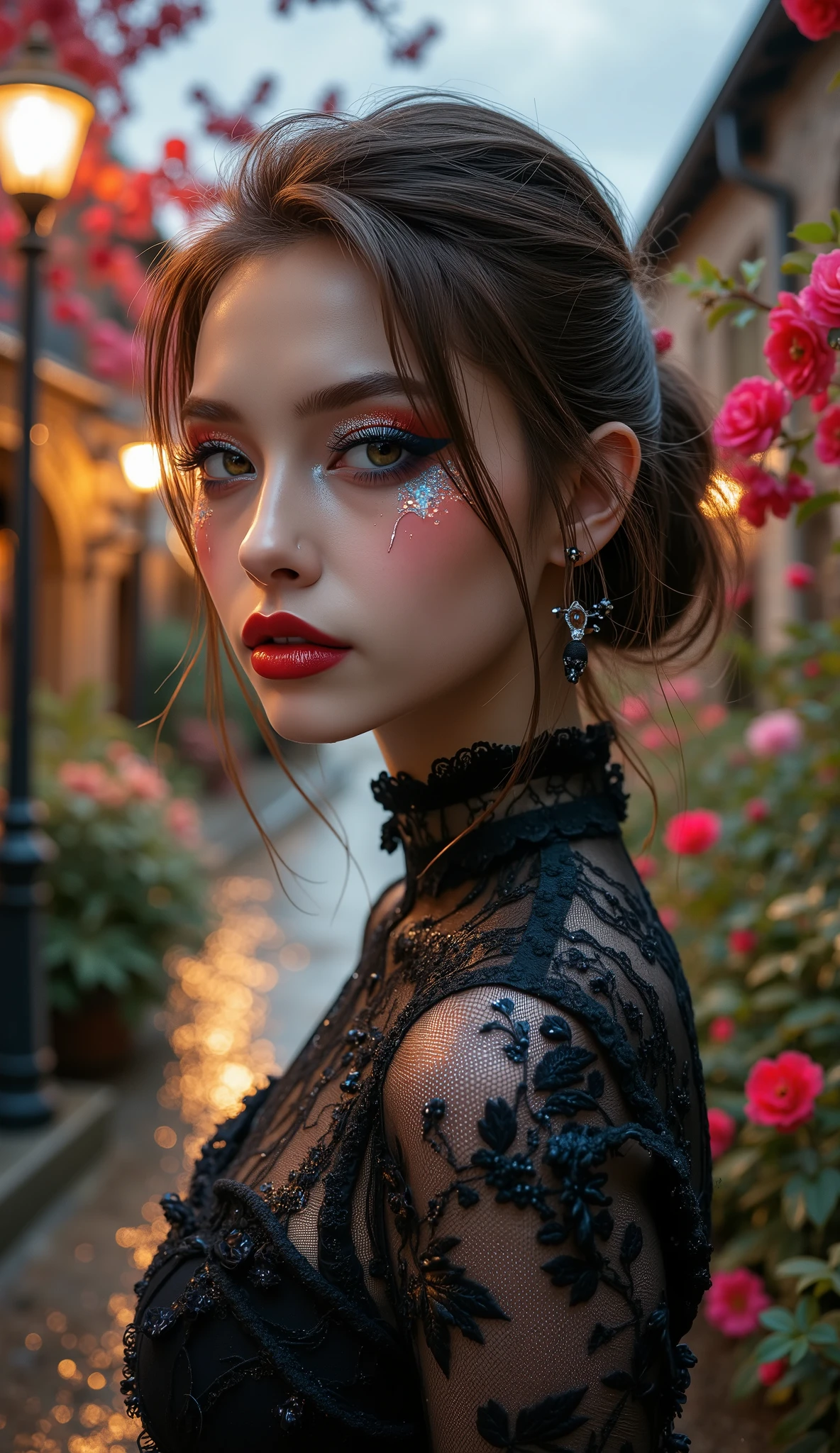 [Style: "masterpiece, realistic (Photorealistic realism), Hyper high resolution, (ultra quality, intricately detailed digital art), focus on extremely Realistic Proportion Body"] (Key Directive: - "The priority is the anatomical accuracy and texture of the materials" - "Ultra-sharp human eyes with biological accuracy") { Character: "20-year-old Caucasian woman" | Face: "full lips, red lipstick, intense gaze" | Eyes: - "((sharp focus, no blurry eyes, Hyper absurd quality, Hyper details, Hyper realistic brown eyes:1.4))" - "((extra narrow eyebrows))" - "(Carefully draw Long blue_mascara:1.2)" - "(perfect round eyes)"  Attire: [Top: "White mesh lace bodycon dress[(Dolce & Gabbana, Embroidered floral lace style:1.26), (elegant fashion, intricate details:1.28)[Bottom: "Gothic punk style ruffled black skirt ((Intricately decorated, multi-layered lace with black spiderweb:1.3))(fluorescent embroidered lace texture, shine and shine:0.6)"] Environment: "garden street at sunset (((rain-slick cobblestones), colorful flowers, cherry blossoms))" | Lighting: - "Cinematic clarity and global illumination")(Post-Processing: "Specifications: (DPF: "deep, f/1.8, distinct garden in the background") (Post-production: "chromatic aberration: 0.7") (Rendering engine: "Unreal Engine 5 path tracing, 16K texture maps") }