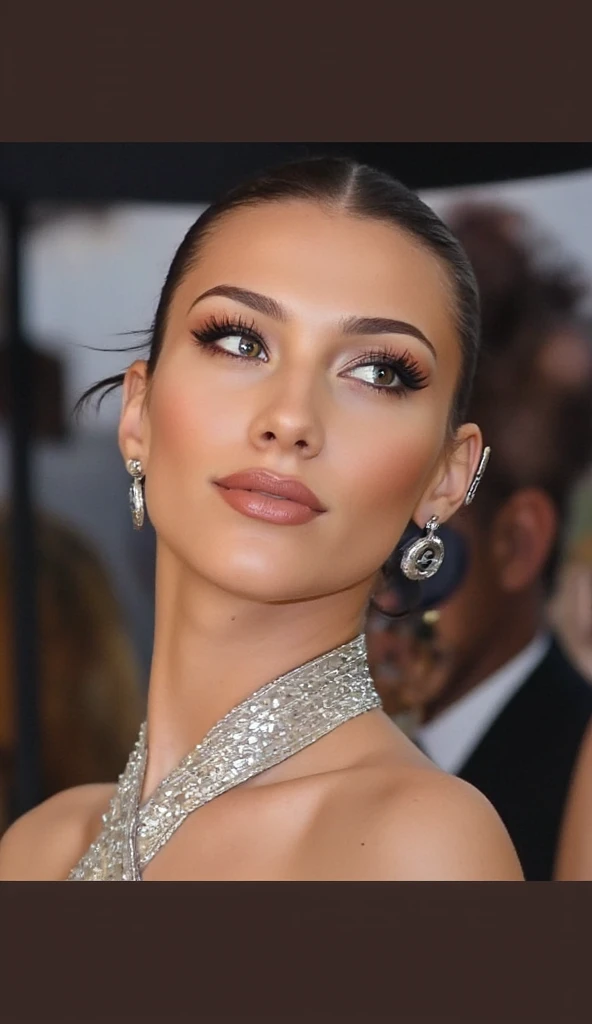 portrait photo of BellaHadid beautiful woman hair updo upsweep nightclub sitting at bar (masterpiece) (best quality) (detailed) (8k) (HDR) (wallpaper) (cinematic lighting) (sharp focus) (intricate) <lora:BellaHadid:0.6>