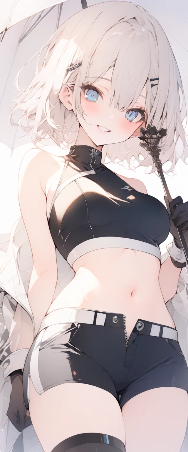 beautiful, masterpiece, Highest quality, anime, One girl, C Cup,Portrait Shot, View your viewers, Intricate details,>,((Covered、Short Hair、nearby、Blue Eyes、art、、White hair,Blue streaked hair、wallpaper、、hairpin、smile、Thighs、navel、Plainer_Race Queen、Plainer_Gloves、Plainer_Knee-high boots、Parasol、work