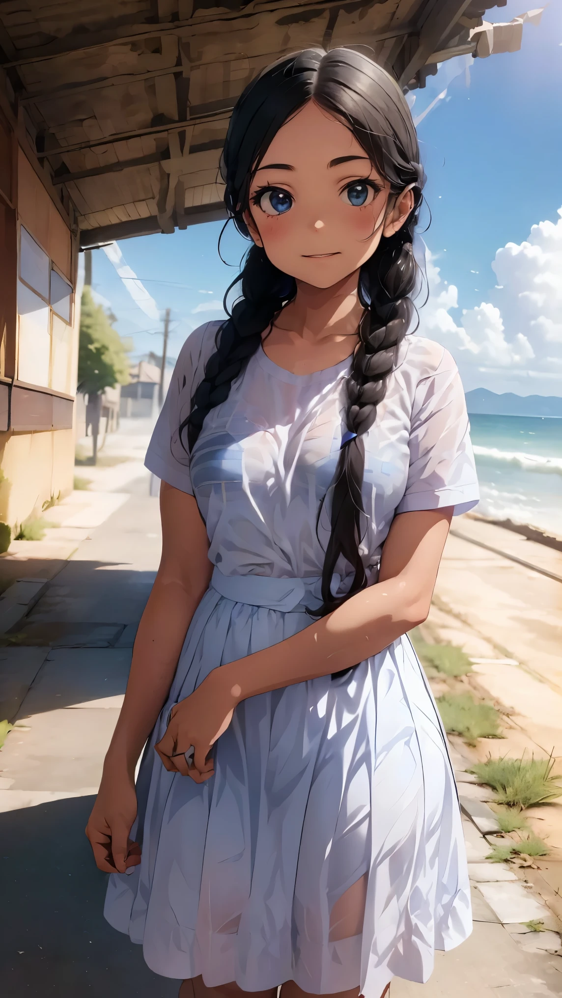 Panchira in a pure white dress、School girl with skirt rolled up、 strangely blue sky and white clouds