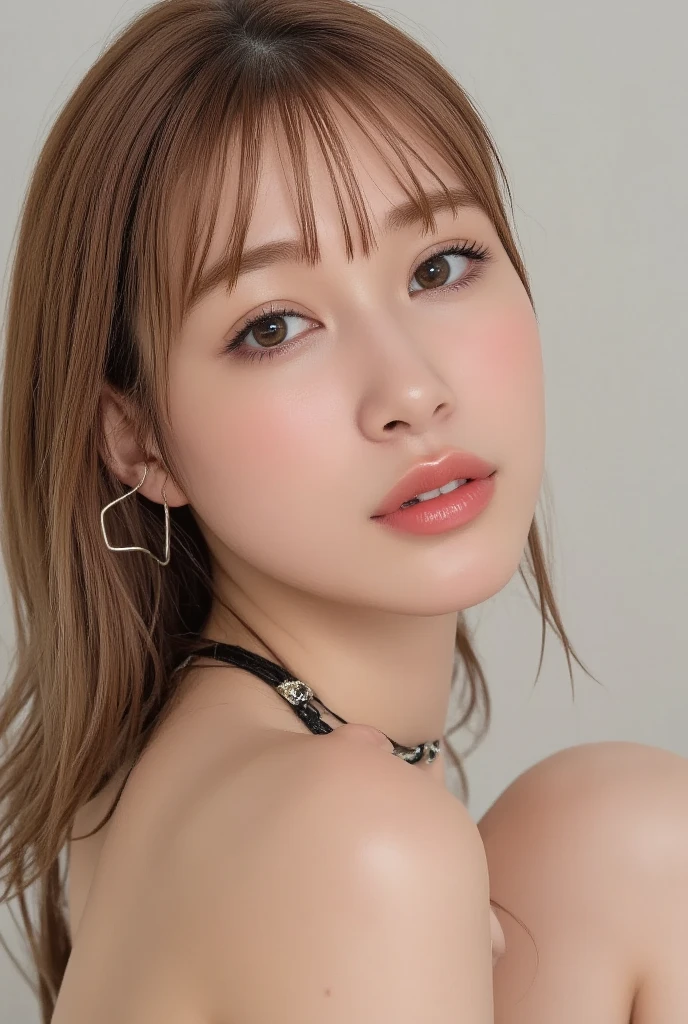 Beautiful Japanese Woman、1 person,Very cute and slim、Great style 、((8K images、super high quality))、Very delicate face, Skin and Hair、Red lipstick、straggling hair,(((((Medium Hair、blonde))))),Very cute Japanese cut face、Eyes and nose are clearly visible、Kind eyes,(((lingerie、Simple Background、Looking at the audience)))