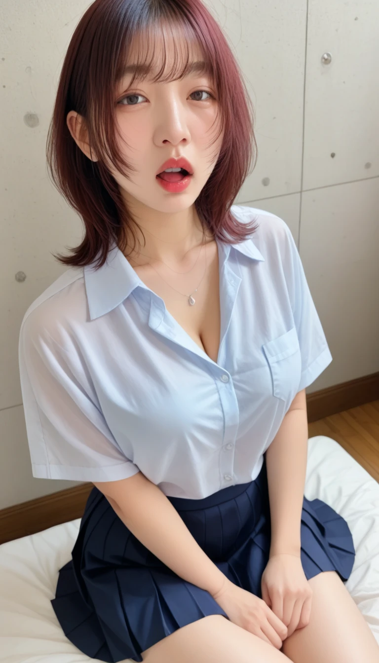 highest quality、professional writing、 Detailed workmanship、(anatomically correct, perfect anatomy:1.3), high resolution、(8K, High resolution:1.2)、(RAW photo, photorealistic:1.3)、masterpiece、slender body shape、high definition face、Face is in focus、high definition eyes、(Focused, symmetrical pupils:1.2)、slim body shape、High-definition and beautiful skin、Firm Skin、natural makeup、gross lip, High-definition hair texture、 japanese woman、unparalleled beauty、17 years old、cute, (half updo:1.3), (classroom) break (high 、checked skirt:1.3) break (thin legs:1.3), (lying on one’s back:1.3), (multiple pose:1.3), very cute, (very embarrassed:1.3), (blush:1.3), (afraid:1.3), Strange look、shot from above:1.2、(shirt front open:1.3), (cleavage, nsfw, nipples)