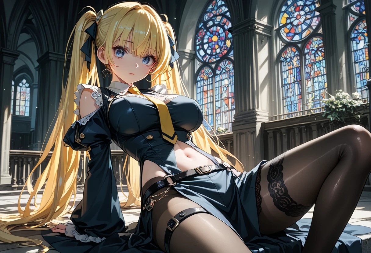 One Girl, Blonde Hair, Red eyes, Big Breasts,, A shy smile, Mature Woman, Church Background, Textured skin, Ultra-high resolution, Ultra-high resolution, Ultra-high resolution, Ultra-high resolution, Awards, Attention to detail, Incredible high key lighting and shadows, masterpiece, Great illustrations,Knee-high socks、Long glovesKnee-high socks、Long gloves、Shoulders are exposed。Knee-high socks、Long socks、Attractive legs