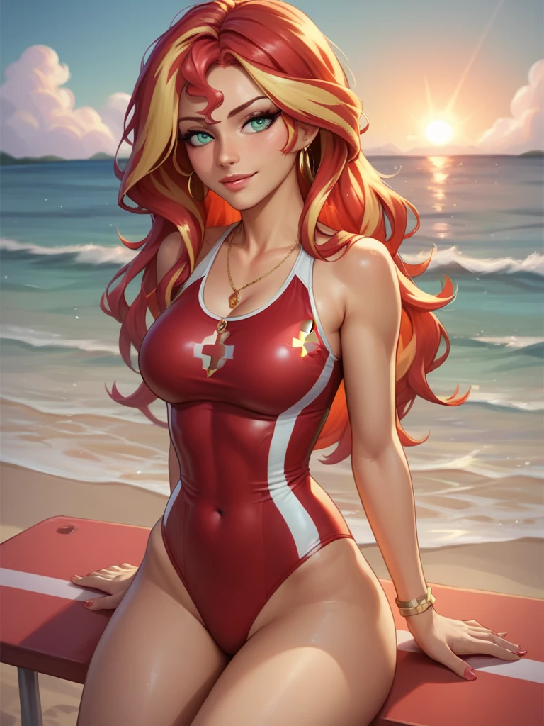 Sunsethuman, Sunset Shimmer, Sunset Shimmer from my little pony, Sunset Shimmer in the form of a girl, big breasts, lush breasts, voluminous breasts, firm breast, detailed hands, two tones of hair, red and yellow hair, Nightclub, solo, one character, bodysuit, thin, no muscles, normal body, turquoise eyes, gentle smile, pole