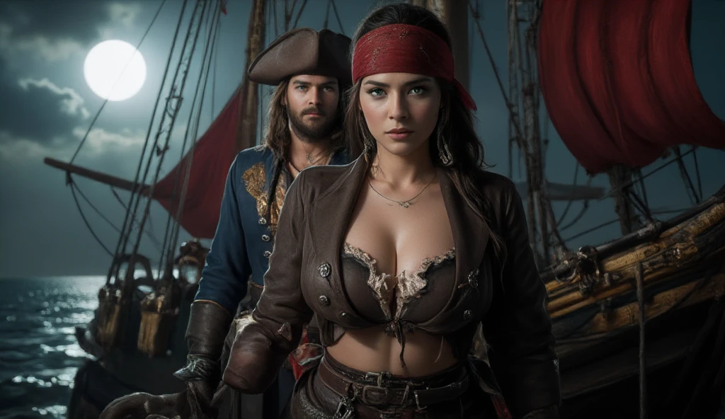Medium Term, battlefield, Sexy Russian warrior woman, Wear unique styles of dresses and skirts., Six-pack abs, small size and ass, Pirate Ship Captain, Wear a pirate costume., moonlight, tattoo on her arm, her body wet due to rain, big sword in her hand covered in blood, electricity, sword, blood, rain, 8K, Too realistic, Ultra HD,show tits