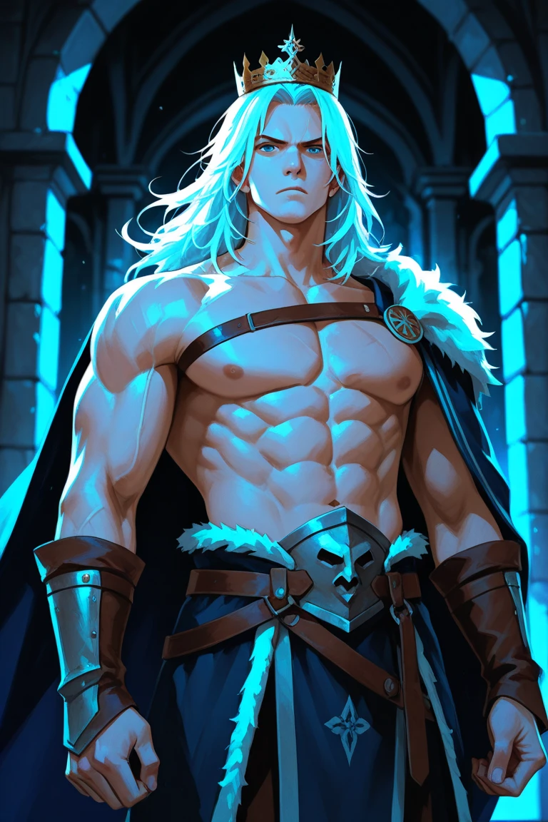 Naked, upper body naked, legs bare to the toes, cascade of long platinum curls, blue eyes, intricate muscle details, photorealistic illustrations, 4K resolution. Background: ancient ruins with glowing symbols, 32k UHD, best quality, masterpiece, super detail, high image quality.