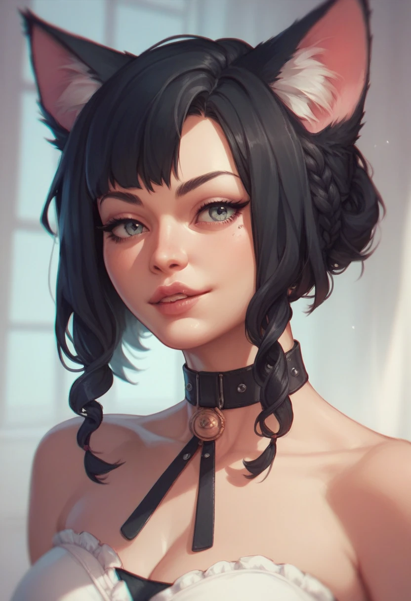 Solo:1.5, by fumiko, by hyattlen, by claweddrip, female, an all white lop rabbit, droopy white rabbit ears, black mascara, black make up, black eyes, small breasts, black short emo hair, jitome
