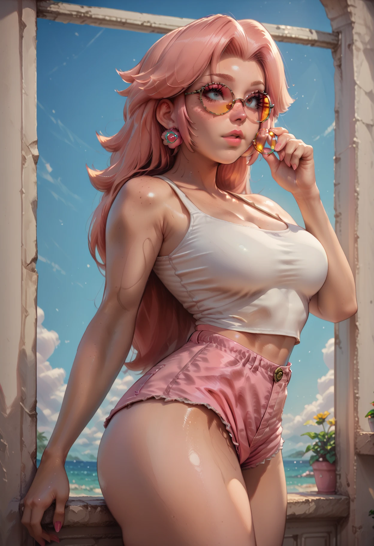 white spaghetti strap, glasses, red hair, black hairpin, fat ass, (her clothes are too small), thick thighs, navel, cleavage, tennis shoes, sweaty skin, shiny skin, socks, cameltoe, arm up, outside, wet hair, sideboob, thong