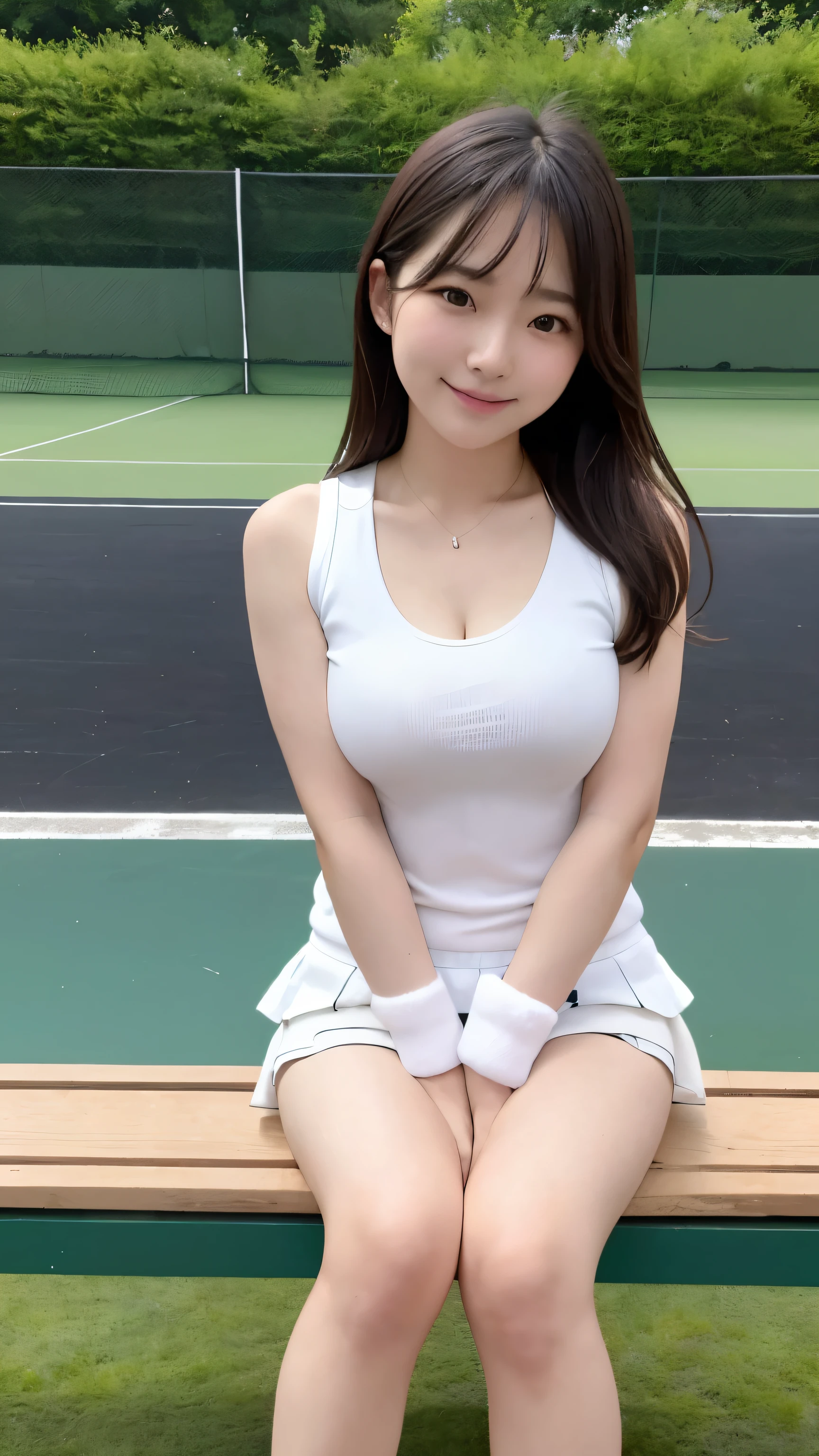 Highest quality、、Ultra-high resolution、masterpiece、Clear photos、Professional Lighting、smile、very cute女の子、very cute、Very delicate and beautiful、(Large erect nipples、Her cleavage is visible)、Ultra slim、Slender body、Tight waist、Beautiful legs、(Tennis Player、Tennis Wear)、Playing on the tennis court、Sit in front of the camera:1.4、with legs wide open,,:1.4、Showing panty-shaped legs:1.8、Sexy pose:1.2、白いShowing panties)、Berry Shortcut、Brown Hair、Full body photo