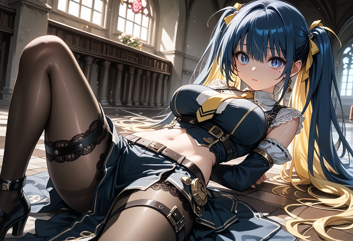((Highest quality)), ((masterpiece)), ((detailed)), a girl who is dressed as witch or maid with chains on her, 1girl, maid, 独奏, BDSM, bound, bondage, chain, maid headdress, long hair, breasts, blue hair, (angry), clenched teeth, blush, rope, (torn clothes), erect nipples, pantyhose, panties under pantyhose, torn pantyhose, frilled shirt, torn shirt, pussy, sweat, blood, wet, spread legs, feet up, restrained, arms behind back, large breasts, looking at viewer, prison