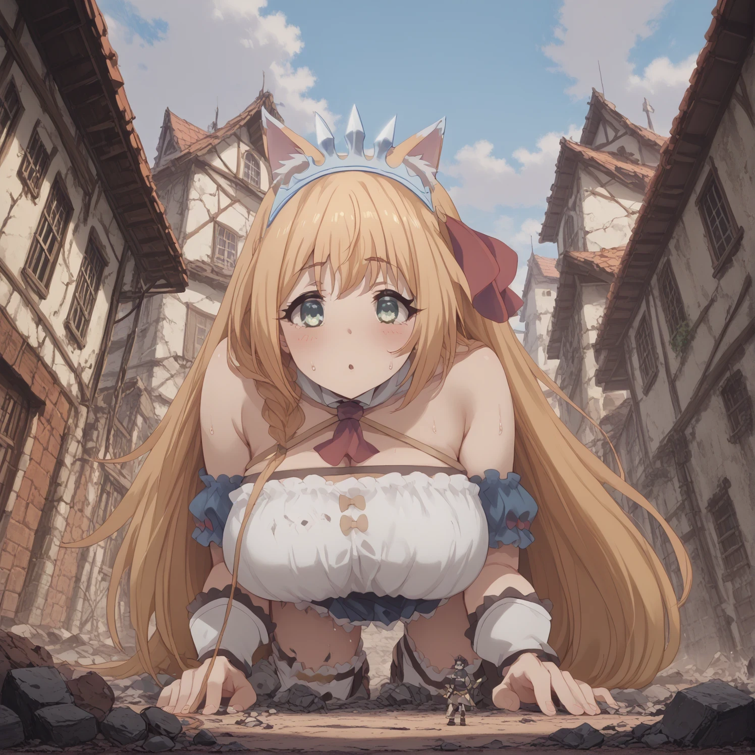 gold、STEP ON AND CRUSH THE HOUSE、THE HOUSE IS COMPLETELY CRUSHED AND DESTROYED ,Maubica , giant, little woman, KARIL - PRINCESS CONNECT !:DIVE - ANIMAZINE XL Cat ears、 super huge breasts、 is embarrassing、 Medieval European town々 、Rubble Ruins、Sweat it out、on all fours