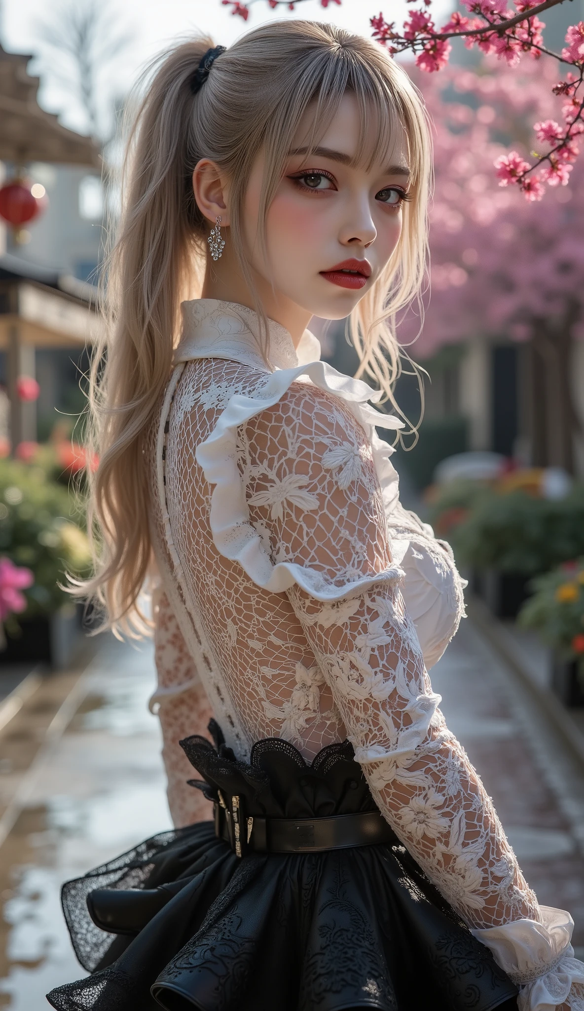  [Style: "masterpiece, realistic (Photorealistic realism), Hyper high resolution, (ultra quality, intricately detailed digital art), focus on extremely Realistic Proportion Body"] (Key Directive: - "The priority is the anatomical accuracy and texture of the materials" - "Ultra-sharp human eyes with biological accuracy") { Character: "20-year-old Caucasian woman" | Face: "full lips, red lipstick, intense gaze" | Eyes: - "((sharp focus, no blurry eyes, Hyper absurd quality, Hyper details, Hyper realistic brown eyes:1.4))" - "((extra narrow eyebrows))" - "(Carefully draw Long blue_mascara:1.2)" - "(perfect round eyes)" Attire: [Top: "White mesh lace bodycon dress[(Dolce & Gabbana, Embroidered floral lace style:1.26), (elegant fashion, intricate details:1.28)[Bottom: "Gothic punk style ruffled black skirt ((Intricately decorated, multi-layered lace with black spiderweb:1.3))(fluorescent embroidered lace texture, shine and shine:0.6)"] Environment: "garden street at sunset (((rain-slick cobblestones), colorful flowers, cherry blossoms))" | Lighting: - "Cinematic clarity and global illumination")(Post-Processing: "Specifications: (DPF: "deep, f/1.8, distinct garden in the background") (Post-production: "chromatic aberration: 0.7") (Rendering engine: "Unreal Engine 5 path tracing, 16K texture maps") (Rendering engine: "Unreal Engine 5 path tracing, 16K texture maps") The ultra-Highres,Unreal 5,Subsurface scattering,PBR Texturing,Post-Processing,Anisotropic Filtering,depth of fields,Maximum Sharpness and Sharpness,multi-layered texture,Albedo and Specular maps,Surface Shading,Precise simulation of light-material interactions,perfectly proportions,Octane rendering,Two-tone illumination,Wide Aperture, low ISO, white balance, The rule of thirds }
