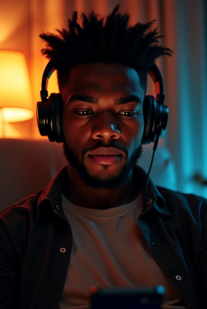 Create a pet where the pet is a dark-skinned adult gamer boy playing with a phone and blue flames around him