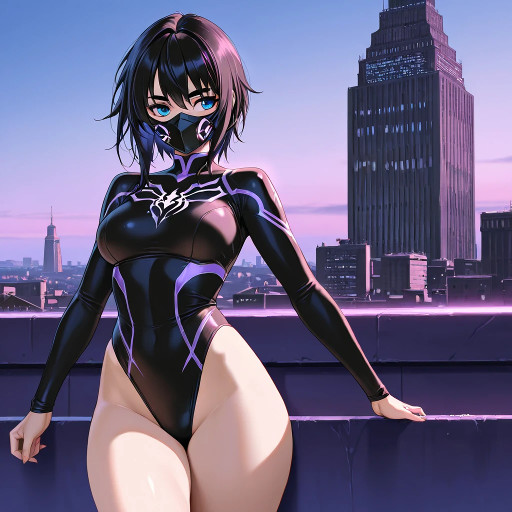 1girl. solo, solo focus, mature woman, superhero, (leotard, dark blue leotard witk purple accents, bare legs, boots, gloves), ((inside a large atom)), ((light particles)), hand on hip, city backdrop, standing, black hair, dark blue eyes, short hair, bob hair, powering up