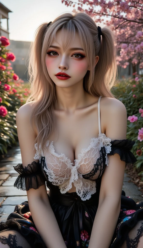 best quality, masterpiece, RAW photo,ultra high res, (photorealistic:1.4), 1 girl, looking at viewer,pure,Delicate background,an extremely delicate and beautiful,extremely detailed,Amazing,finely detail,art,4K resolution,smile,elbow gloves,pink bow, off shoulder, bracelet, mole, bandages, camisole, pleated skirt, bandaid, cane, sitting, head tilt, outstretched arm, silver hair, drill hair, antenna hair, cat hair ornament, witch, earrings, medium breasts, chest jewel, areola slip, blue eyes, grin, flower field, day, outdoors, landscape