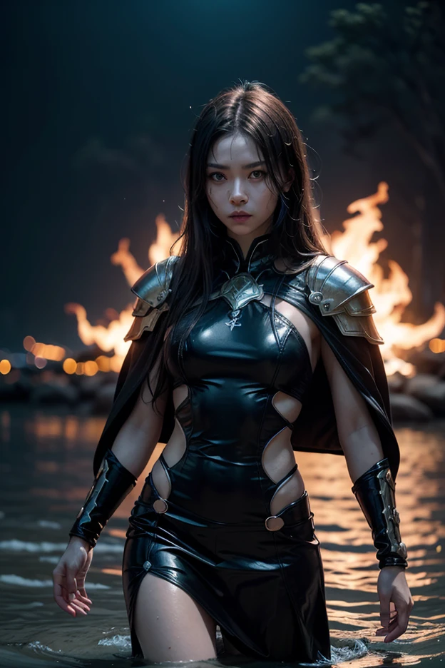 **prompt:**

A beautiful Japanese girl、Standing against a fiery background。Her eyes are a clear blue、The makeup around the eyes is a little bold.。Her long blonde hair sparkles in the light、It looks like it's fluttering in the wind。The costumes have a futuristic design.、Made of glossy white material、Exposed skin a lot、Enhances sexiness。The arm is equipped with a mechanical accessory.、He has a big weapon in his hand。The pose is full of strength and confidence.、Stand with your legs slightly apart、Staring straight at the camera。As a photographic technique、It was shot in portrait mode.、A shallow depth of field is used to bring out the details in the subject.。Strong contrast between light and shadow、The light from the fire dramatically illuminates her outfit and hair.。The background is blurry、The floating light particles create a fantastic atmosphere.。Ultra-realistic photo-like texture、Every detail is clearly visible。
