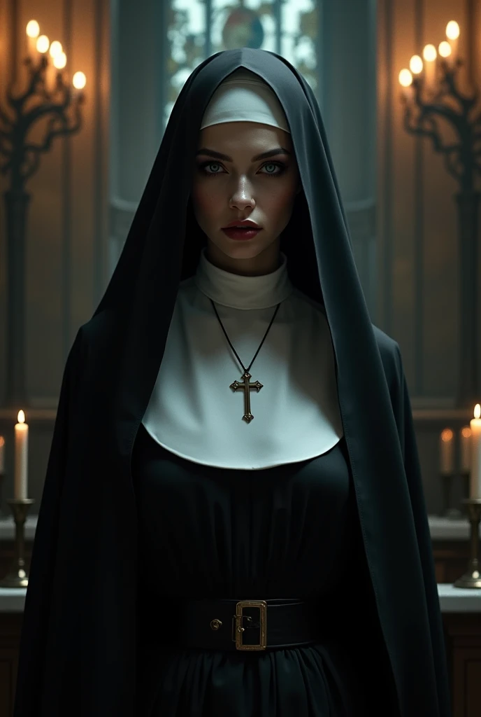 raw, analog) (gothic nun huge breast), set in the 1990's, surreal make up, leather clothes inside a gothic church at night, neon lights, very dark, horror, red shades, chaos, sinister, high details, ultra realistic, SonyA7III, cinematic lighting, film, grain, UHD faces, volumetric shadow, insanely detailed,