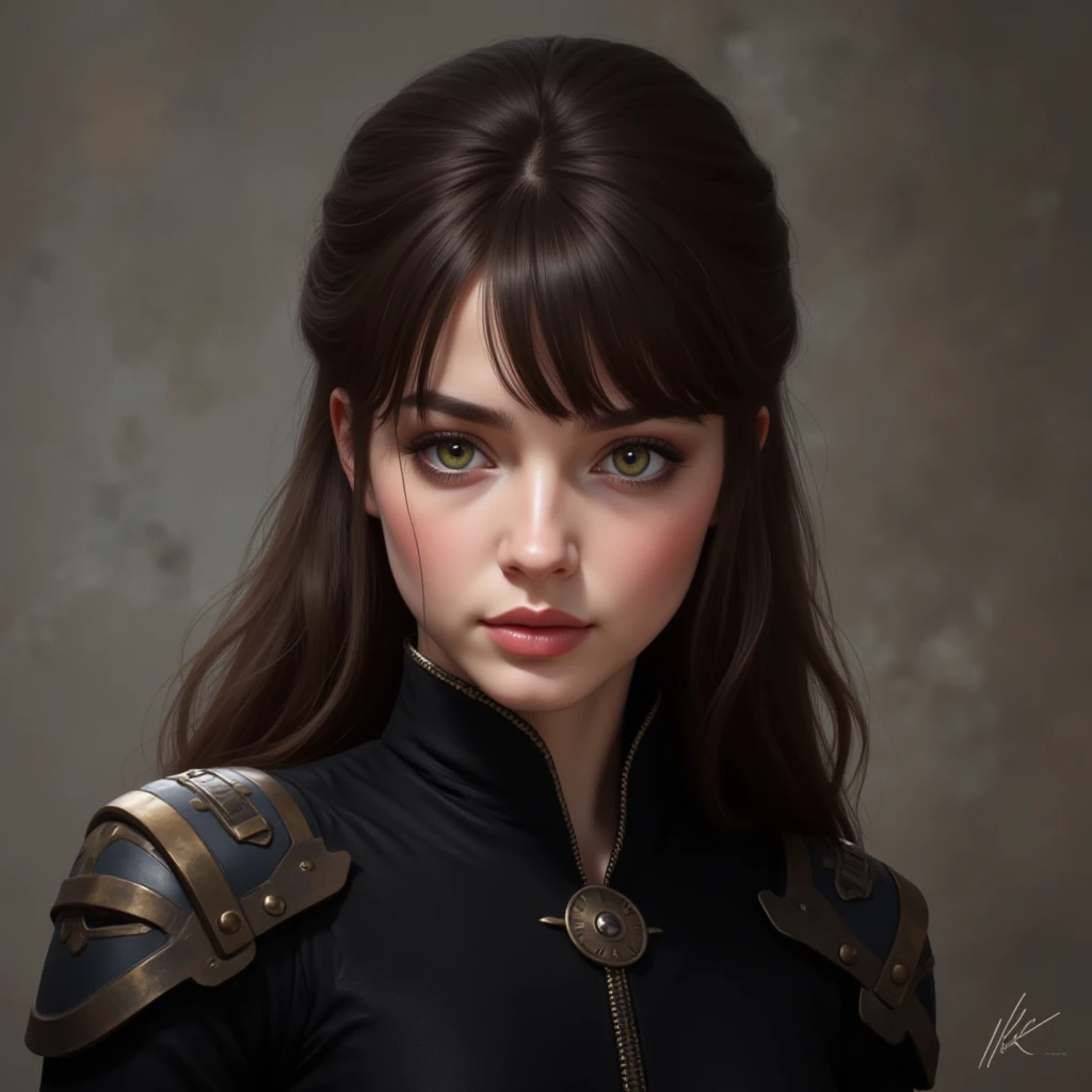 headshot photo of <lora:BrandyGordon_v2.1-000006:.9> BrandyGordon, focus on face, wearing leather armor , her hair is styled as Curly Victorian Waves,