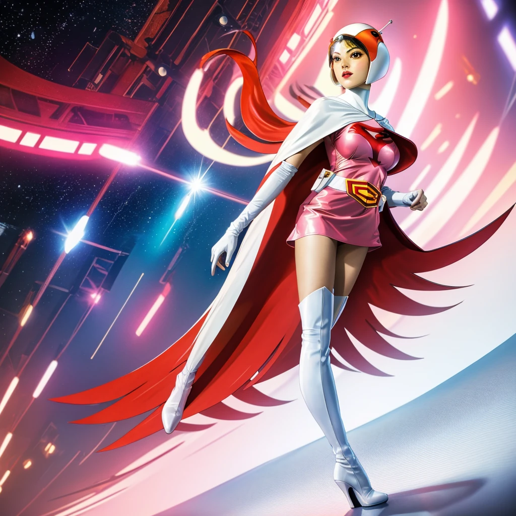 ANI_CLASSIC_jun_gatchaman_ownwaifu,1girl, ,good anatomy, masterpiece, best quality,realistic, hyper realistic, 16k hdr, long hair,breasts,lips,large breasts,lipstick,makeup,gloves,cape,helmet,belt,elbow gloves,white gloves,mask,ultra miniskirt,leotard,spacesuit,white tight overknee highheels boots,pink dress,superhero,bodysuit,cleavage,erected nipples,(stand pose,hands on hip),(spread legs:1.1),cameltoe