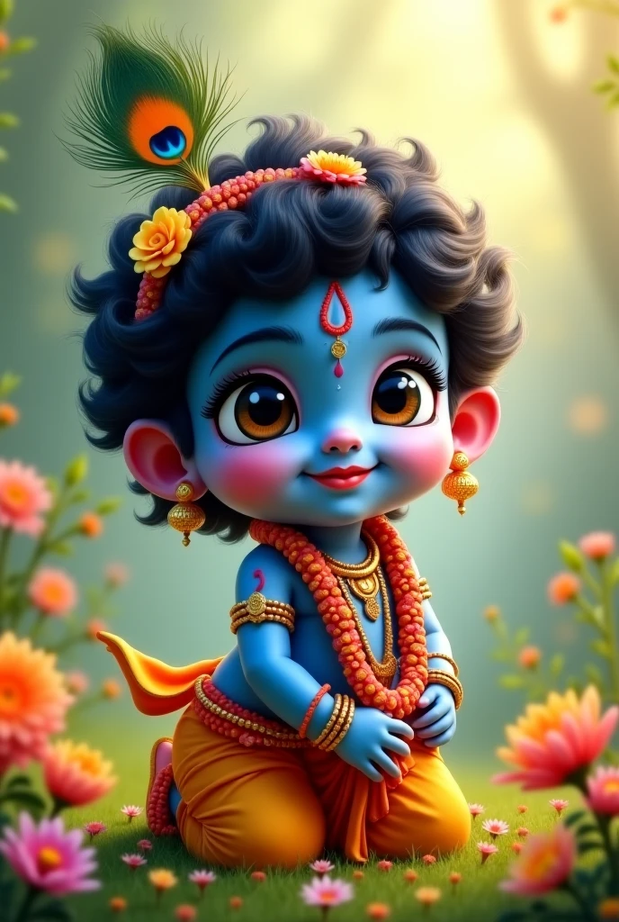 Generate images of cute Krishna as a child , feather of peacock tucked to the head