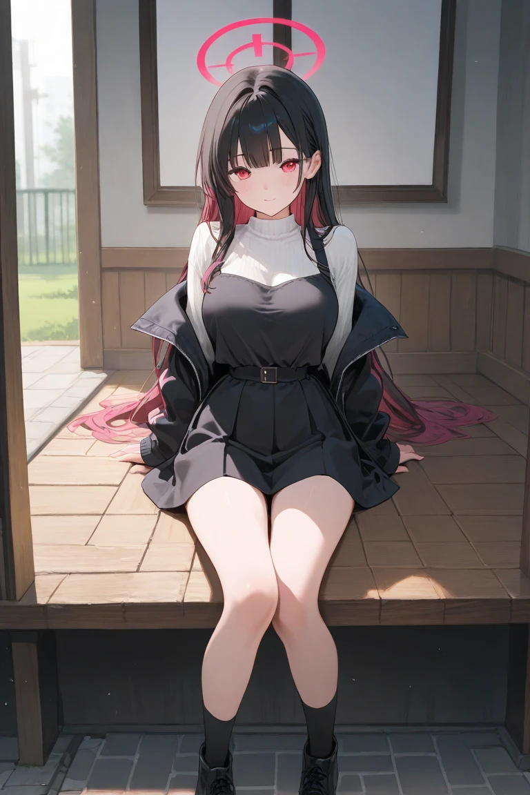 (1) A woman is sitting with her knees together、red panties are visible.
(2) that woman has long black hair.
(3) Women are wearing V-neck knitwear, Mini skirt and long boots.
(4) The woman&#39;s expression is a smile.
(5) Cleavage in women is visible.
(6) The place is an aquarium.