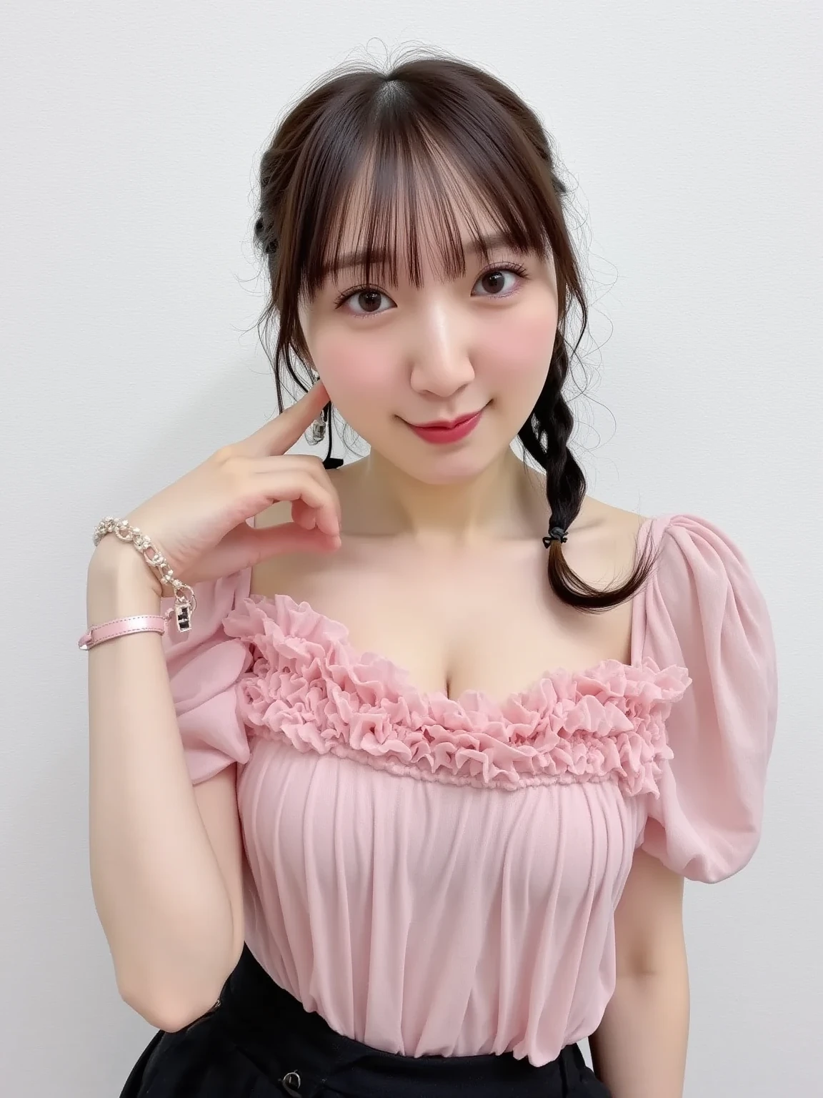 ​masterpiece, Better Quality, hight resolution, 1 girl,fringe, Curly hair, eye glasses,Camisole,pink color clothes,lightly dressed,Chest emphasis、In the street,Diameter chest, very big breast, happily face, sweat drop,(huge-breasted:1.2),Waki,Highly exposed, nsfw, 