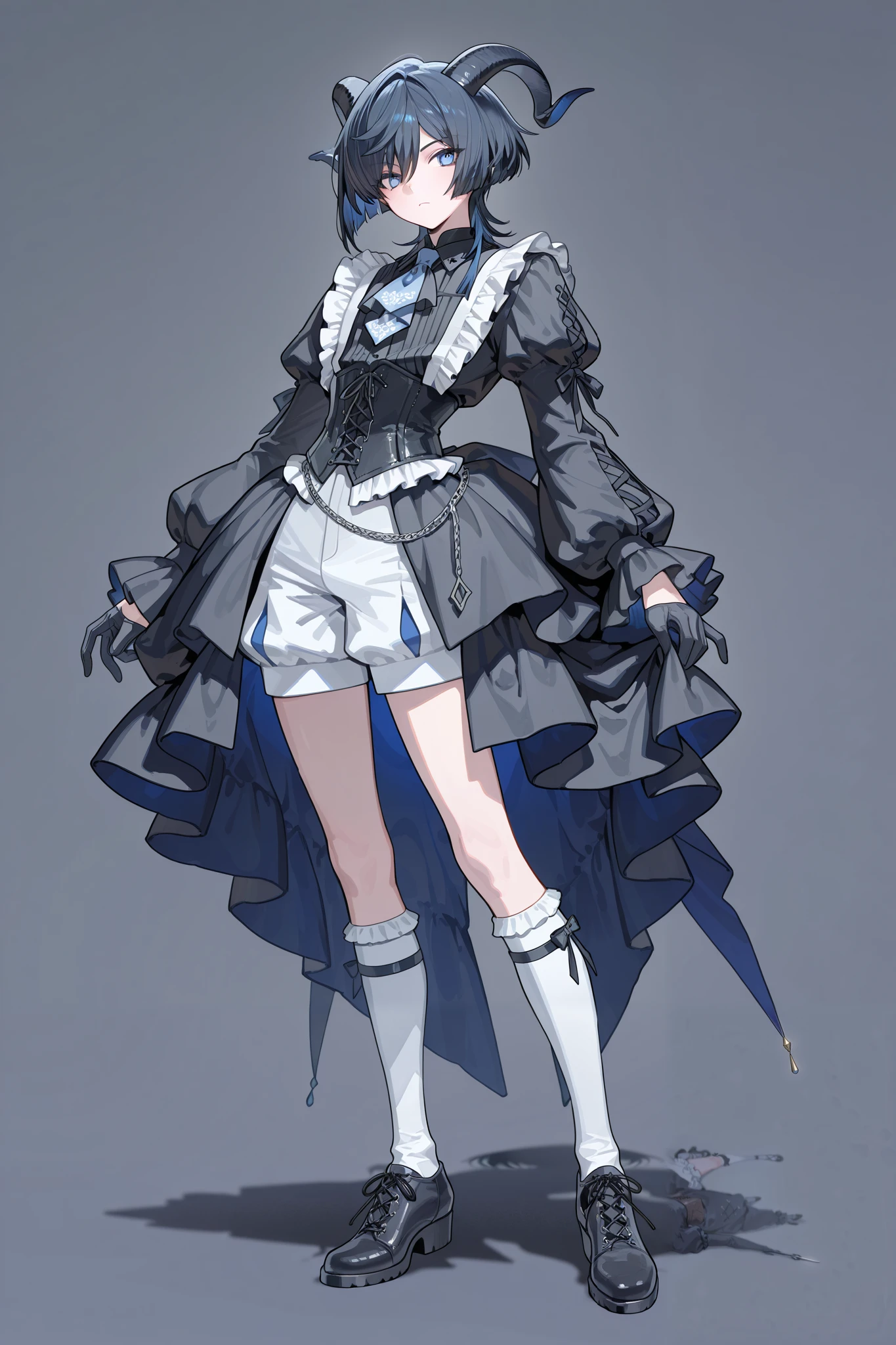 Full body, Male focus,Best Quality, Masterpiece, adult male, (8K, Best Quality, Masterpiece:1.2), Ultra Highres, Intricate Details, Gothic, 1boy, (beautiful face:1.2), frilled shirt, shorts, corset, bondages, simple background, bob hair, puffed sleeves, solo, black shirt, mullet hair, punk, Prince, androgynous, Gothic, blue eyes, goat horns, jumpsuits, black hair with blue hair tip highlight, half palm gloves, heeled dress shoes, knee socks, Sock Garters, white shorts, white socks, laced shoes, white jabot, Blue Layered Cascading Ruffles Jabot Tie, dark blue lining, puffy shorts 