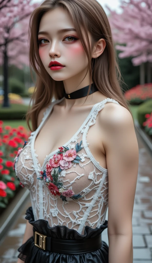 Asuna ichinose, Perfect blonde, 21 years old, very sexy, model fashion shoot, hair down, bangs, hair over one eye, wearing white silk lingerie with gold lace, cleavage, navel, (outdoors, new york, autumn setting, autumn leaves), beautiful eyes, flirting heavily with the camera, gorgeous hair, flirty, makeup, 135mm, Canon, f/16, UHD, anatomically correct, masterpiece, textured skin, super detail, high details, high quality, highres, 8k