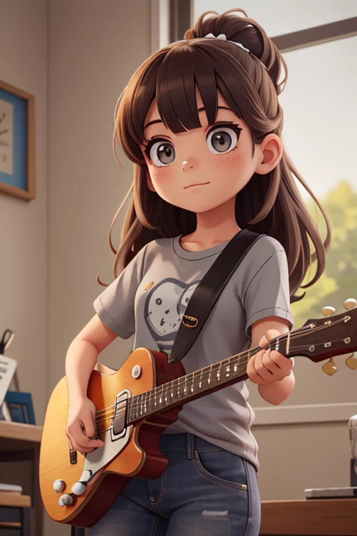 Anime: idealistic jaguar (wildcat) with black ponytail with yellow bow, yellow sweater with black stripe, black skirt and white/black sneakers. She plays dance-pop music with violin.