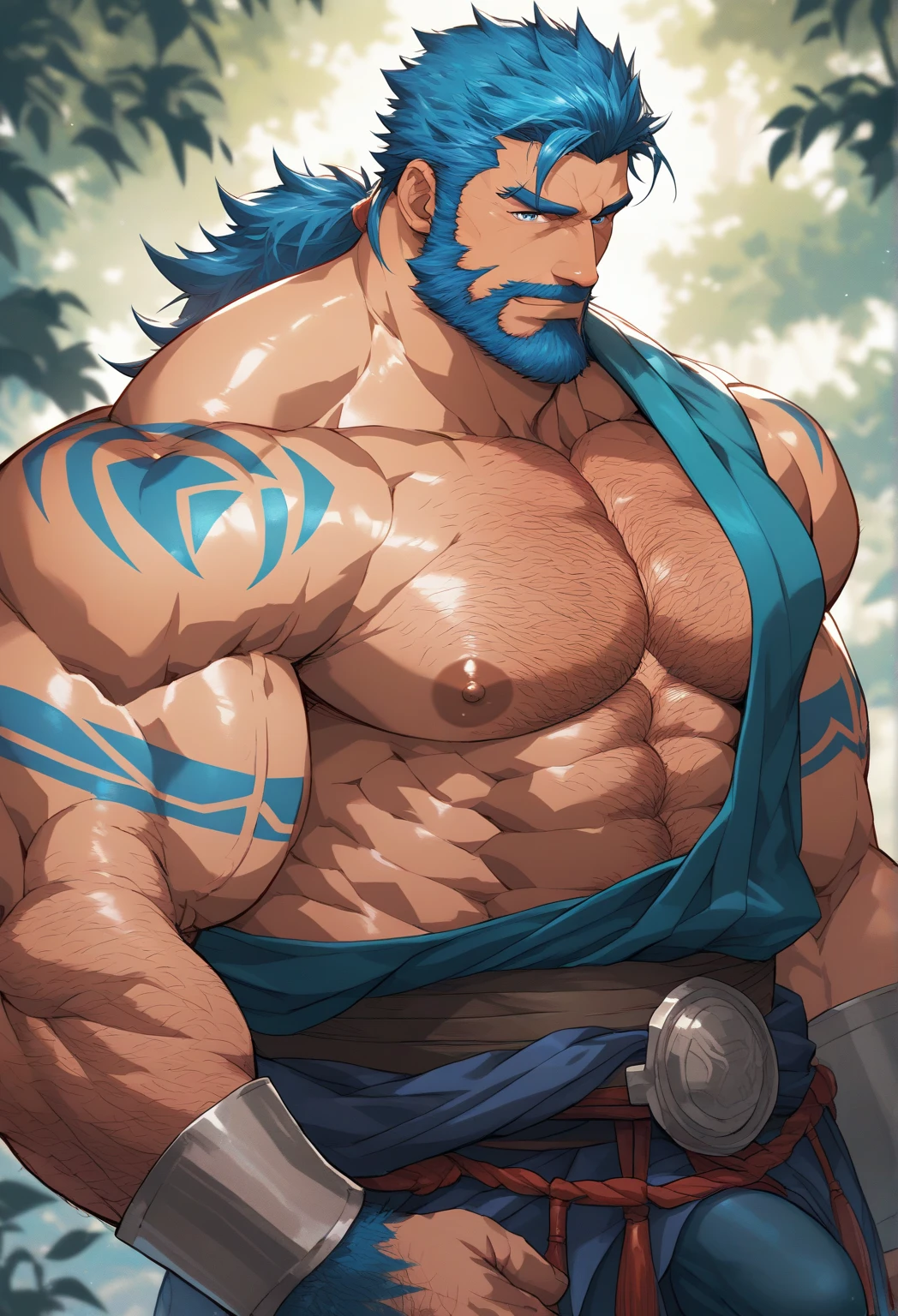 (afternoon), 1volibear, solo, fall,肌肉男,beard,middle-aged,white fundoshi,close-up,stud earrings,nipple ring,sweat,majestic,brutal,confident,strong,枫叶,correct hands,fallen leaves full body,good doggy,blush sticker,(worm's eye view)
